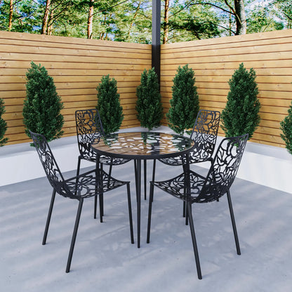Devon 5-Piece Patio Dining Set: Aluminum Table with Glass Top & 4 Stackable Flower Chairs - Elax Furniture