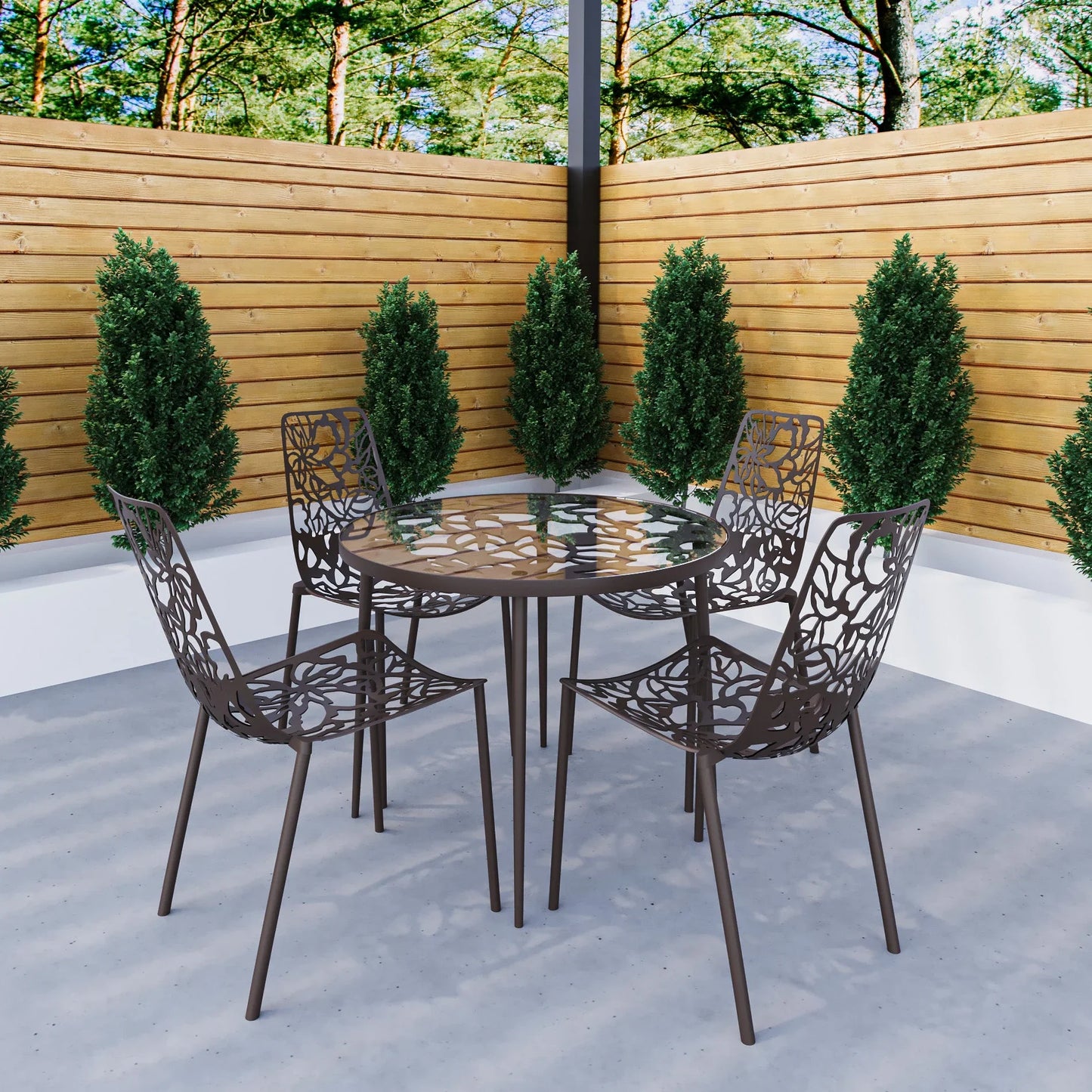 Devon 5-Piece Patio Dining Set: Aluminum Table with Glass Top & 4 Stackable Flower Chairs - Elax Furniture