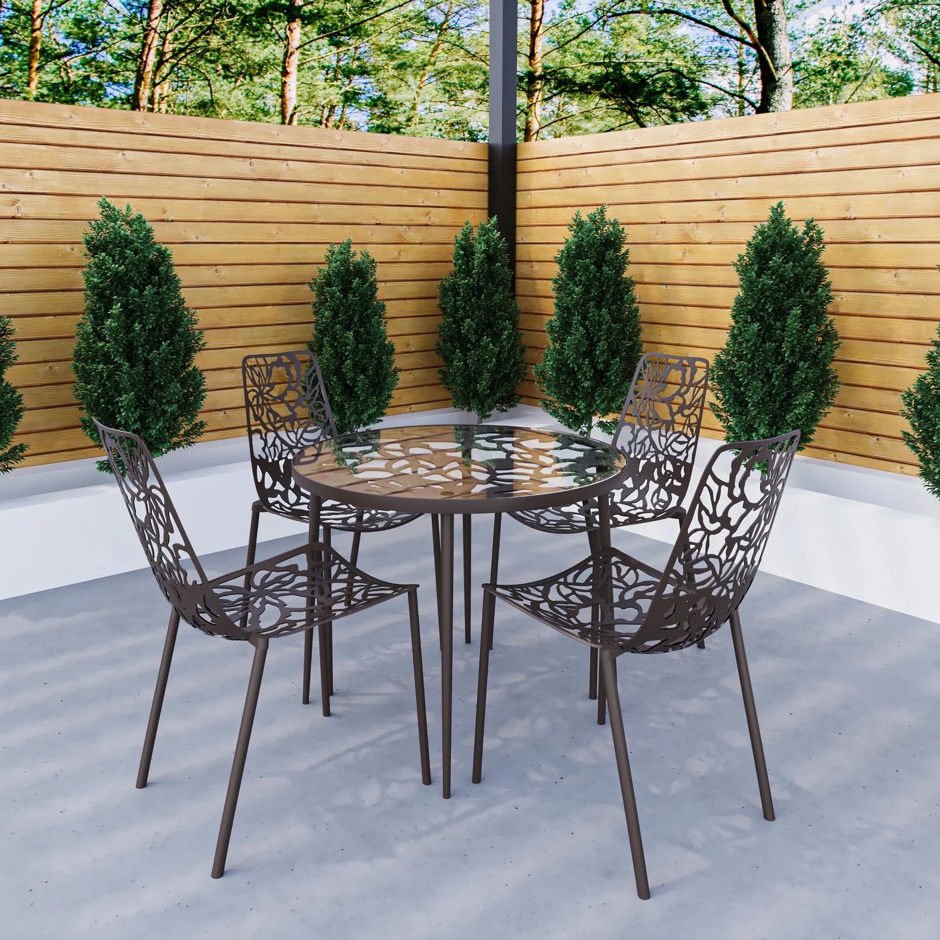 Devon 5-Piece Patio Dining Set: Aluminum Table with Glass Top & 4 Stackable Flower Chairs - Elax Furniture