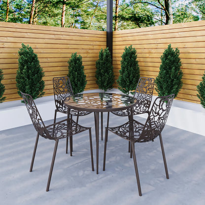 Devon 5-Piece Patio Dining Set: Aluminum Table with Glass Top & 4 Stackable Flower Chairs - Elax Furniture