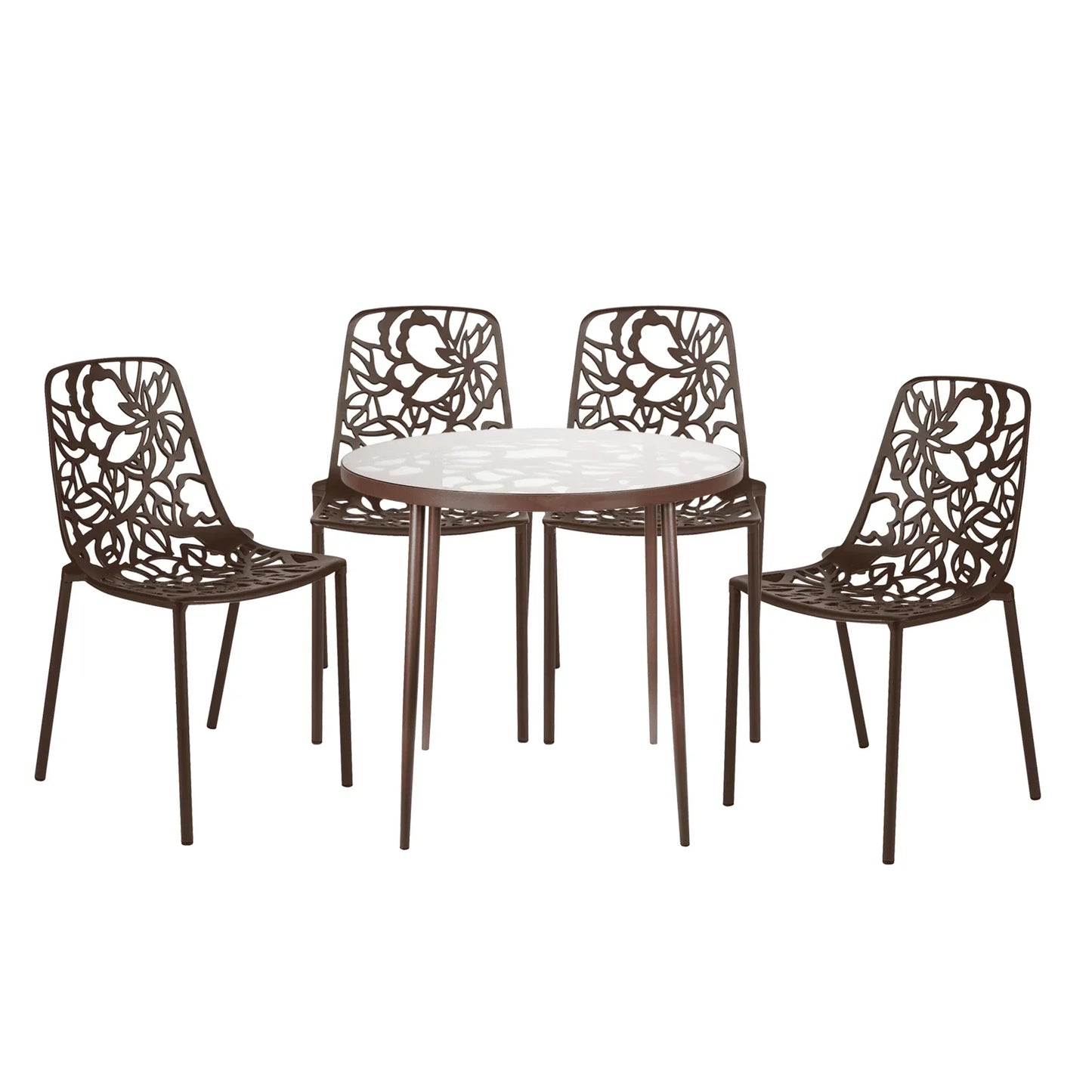 Devon 5-Piece Patio Dining Set: Aluminum Table with Glass Top & 4 Stackable Flower Chairs - Elax Furniture