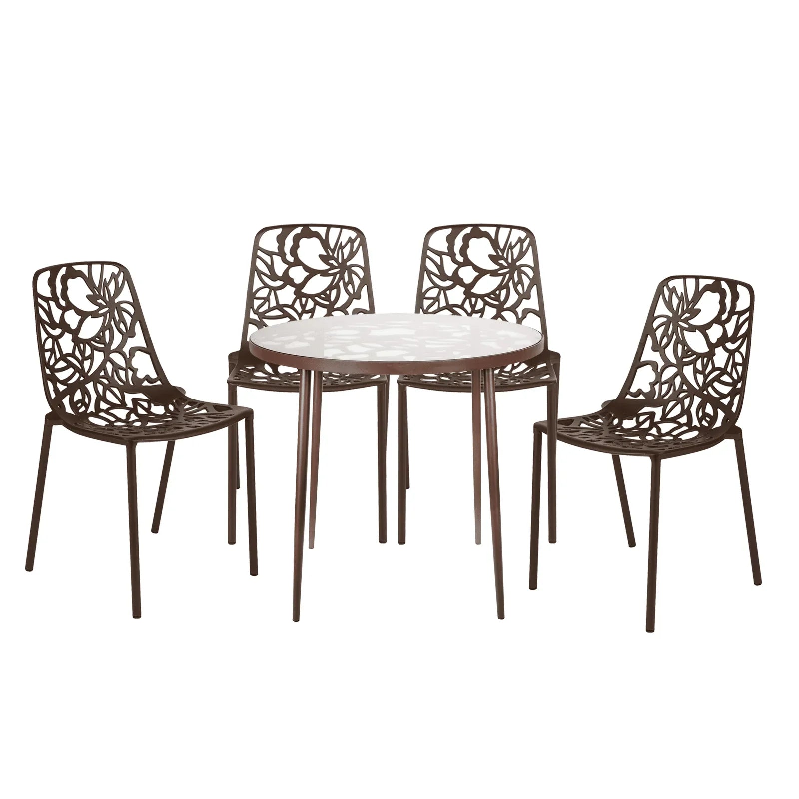 Devon 5-Piece Patio Dining Set: Aluminum Table with Glass Top & 4 Stackable Flower Chairs - Elax Furniture