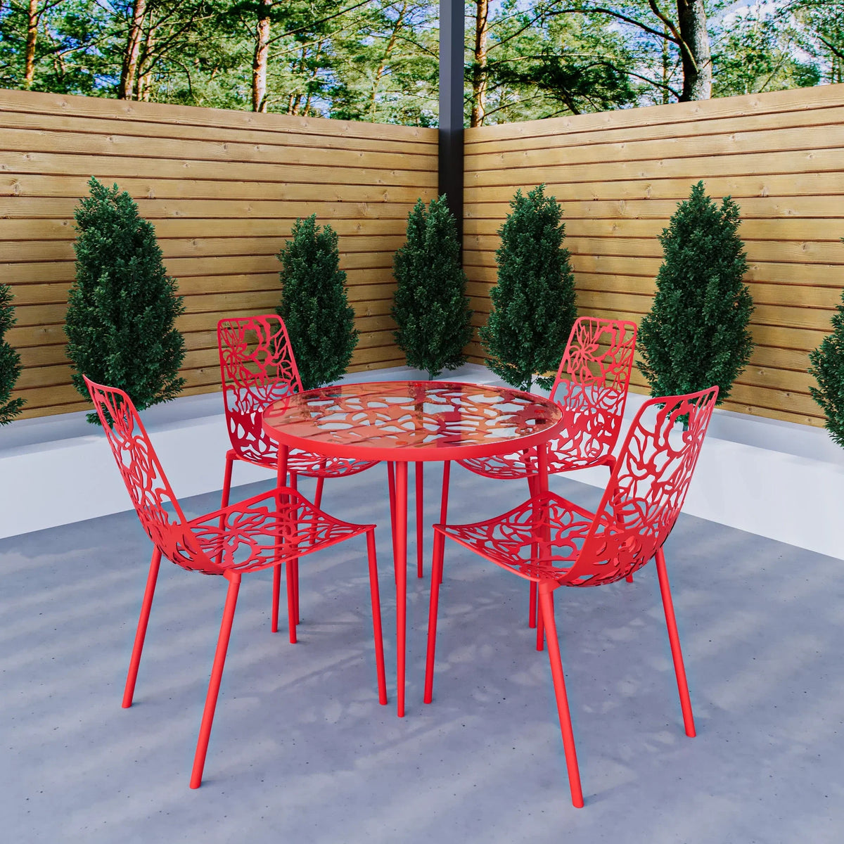 Devon 5-Piece Patio Dining Set: Aluminum Table with Glass Top & 4 Stackable Flower Chairs - Elax Furniture