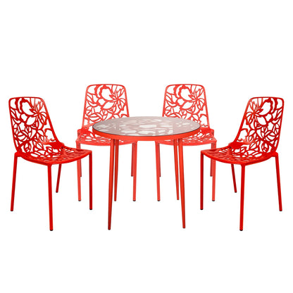 Devon 5-Piece Patio Dining Set: Aluminum Table with Glass Top & 4 Stackable Flower Chairs - Elax Furniture