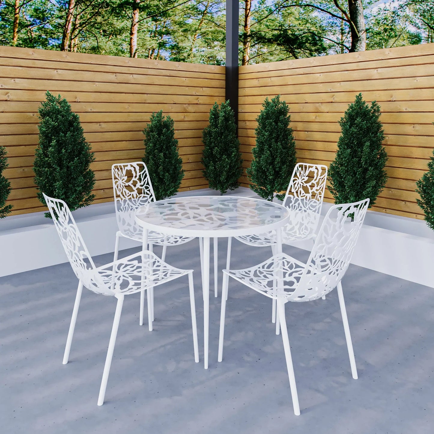 Devon 5-Piece Patio Dining Set: Aluminum Table with Glass Top & 4 Stackable Flower Chairs - Elax Furniture