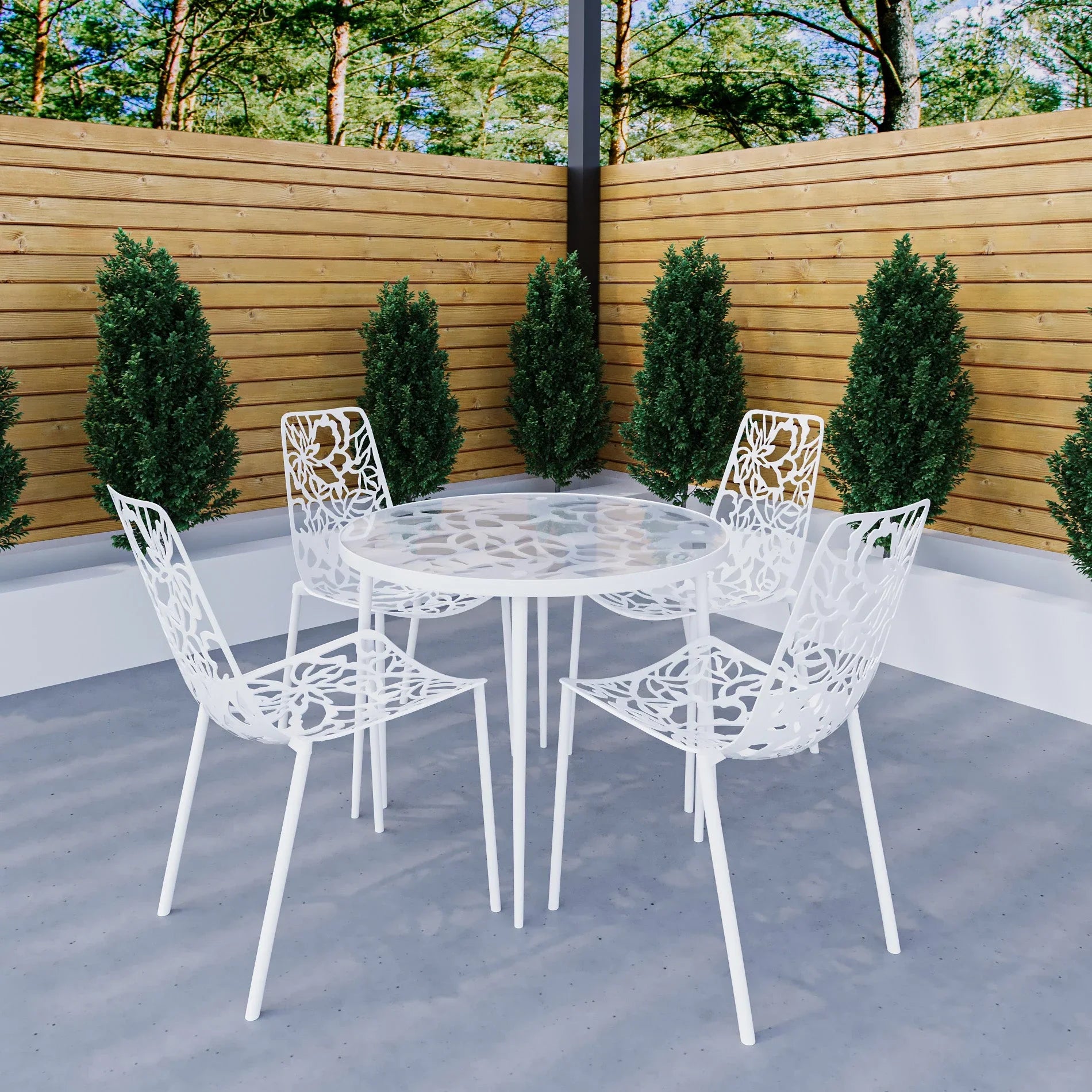 Devon 5-Piece Patio Dining Set: Aluminum Table with Glass Top & 4 Stackable Flower Chairs - Elax Furniture
