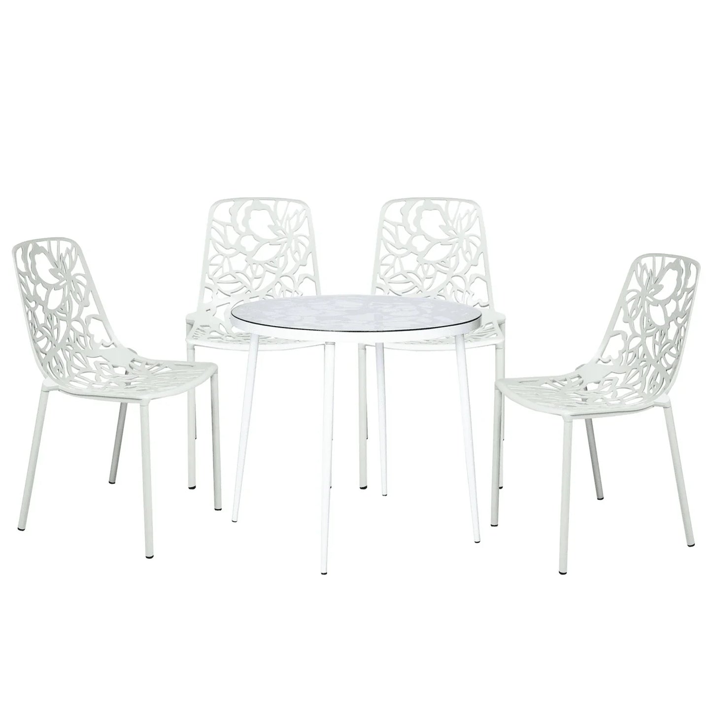 Devon 5-Piece Patio Dining Set: Aluminum Table with Glass Top & 4 Stackable Flower Chairs - Elax Furniture