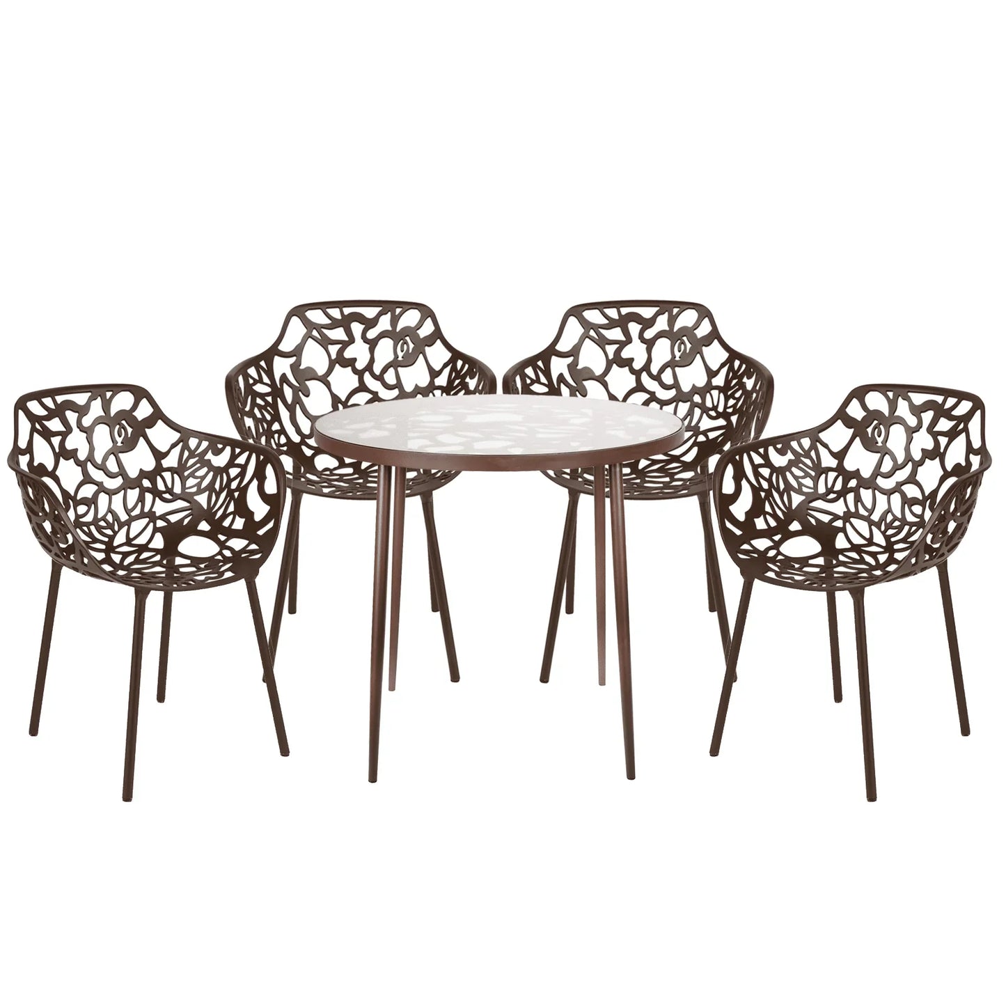 Devon 5-Piece Outdoor Dining Set: Aluminum Table with Glass Top & 4 Flower Armchairs - Elax Furniture