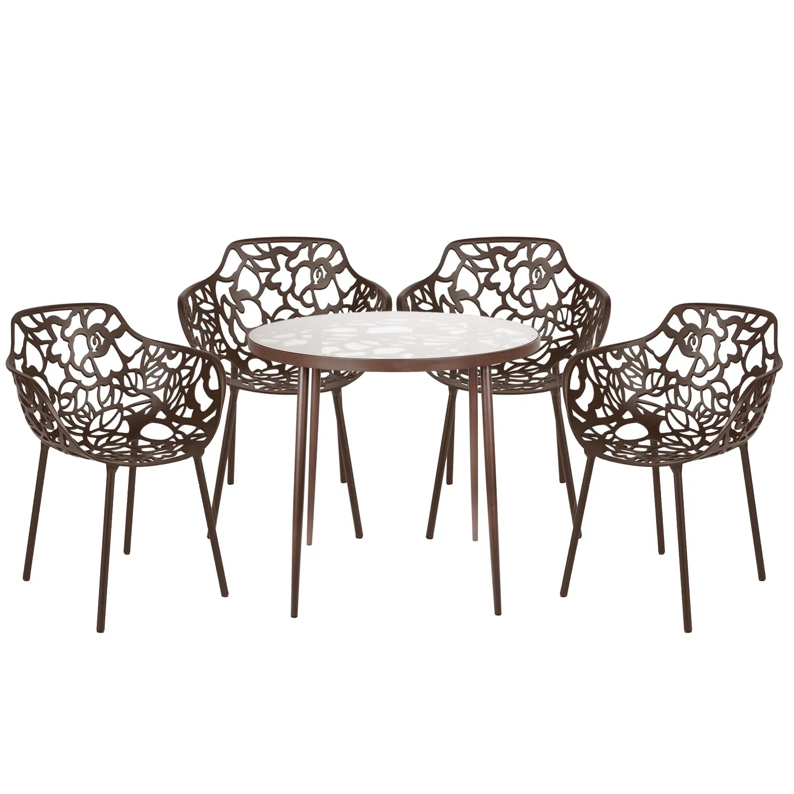 Devon 5-Piece Outdoor Dining Set: Aluminum Table with Glass Top & 4 Flower Armchairs - Elax Furniture