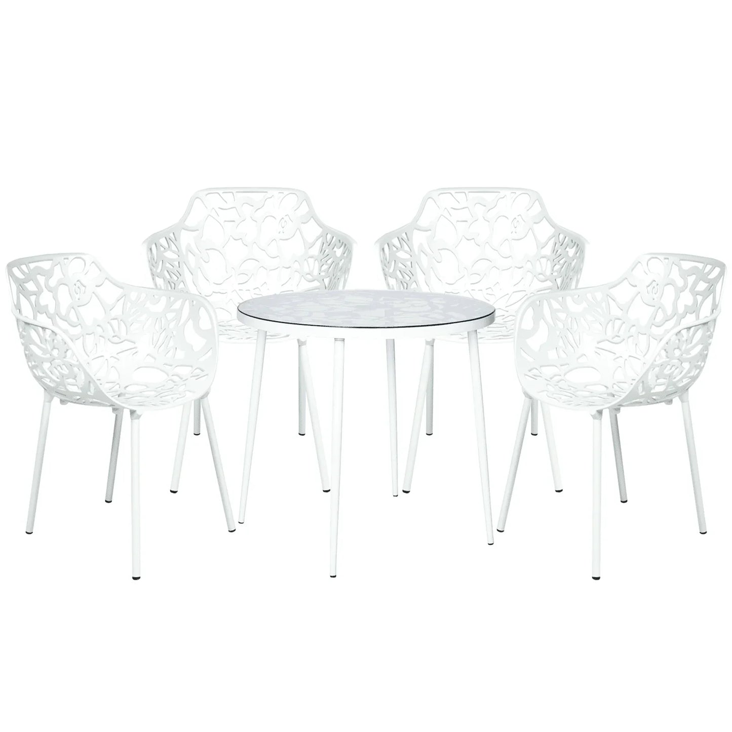 Devon 5-Piece Outdoor Dining Set: Aluminum Table with Glass Top & 4 Flower Armchairs - Elax Furniture