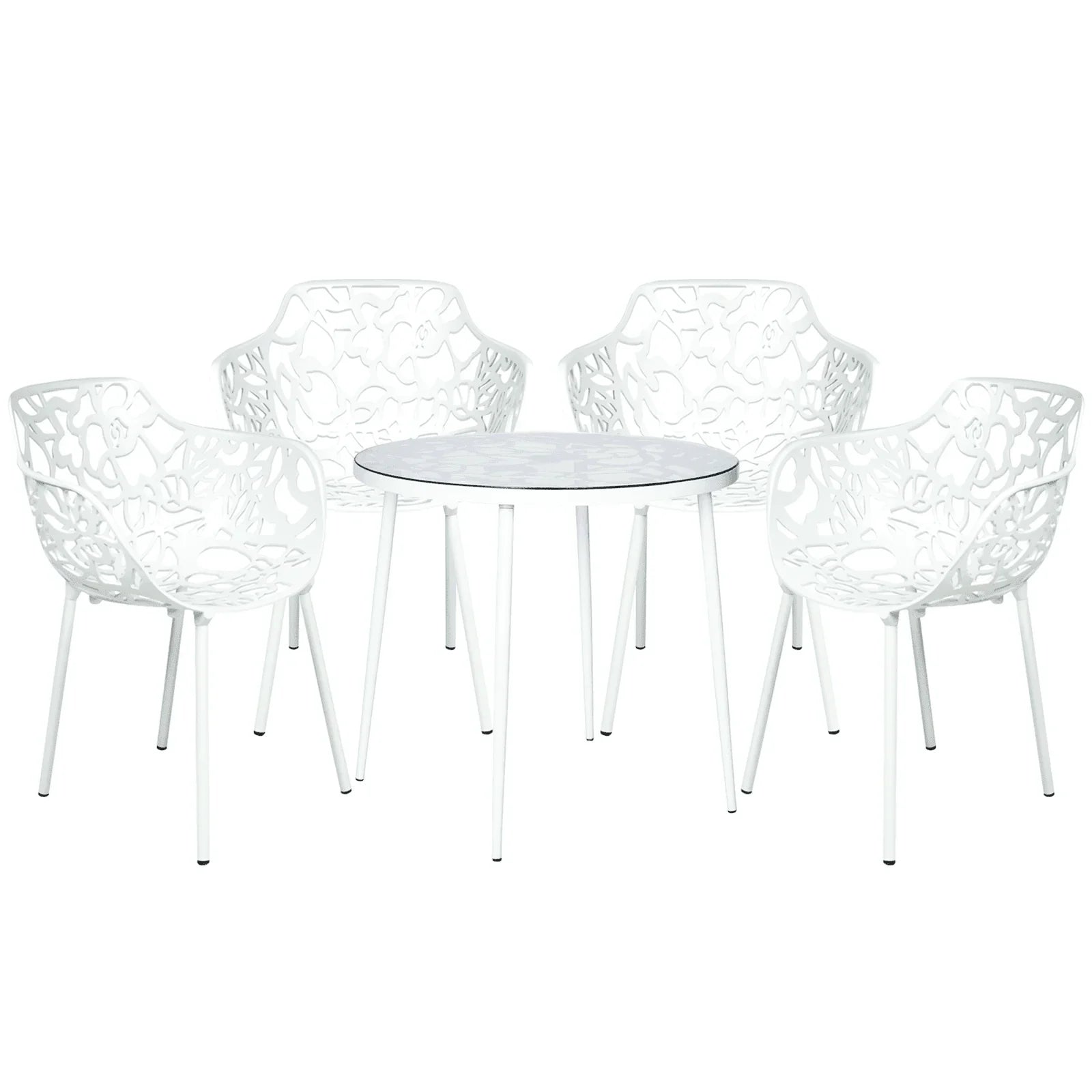 Devon 5-Piece Outdoor Dining Set: Aluminum Table with Glass Top & 4 Flower Armchairs - Elax Furniture