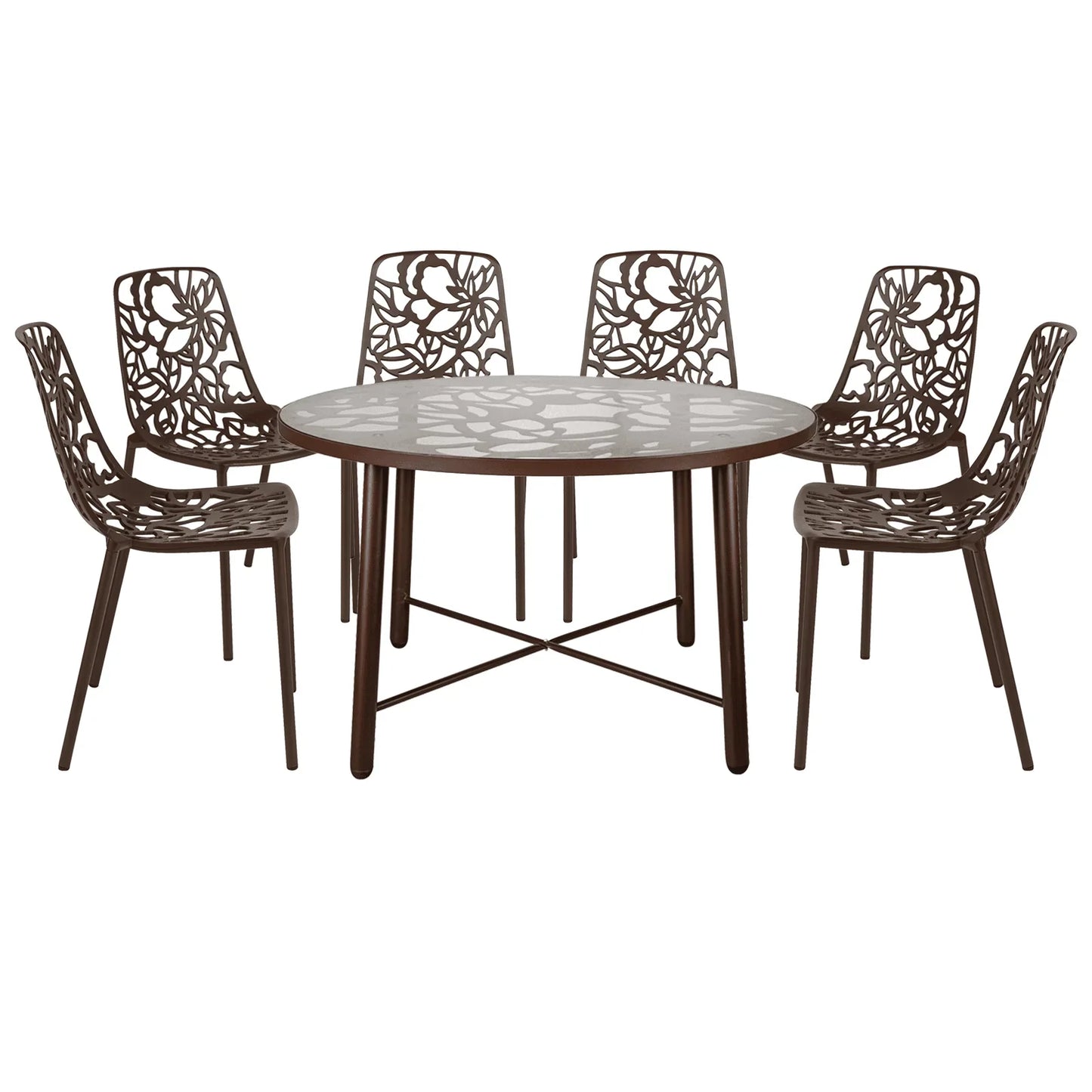 Devon 7-Piece Outdoor Dining Set: Aluminum Table with Glass Top & 6 Stackable Flower Chairs - Elax Furniture