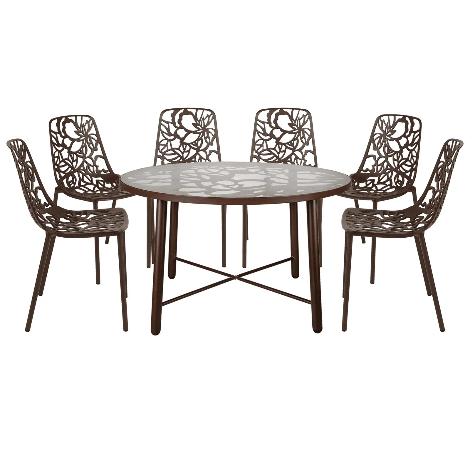 Devon 7-Piece Outdoor Dining Set: Aluminum Table with Glass Top & 6 Stackable Flower Chairs - Elax Furniture