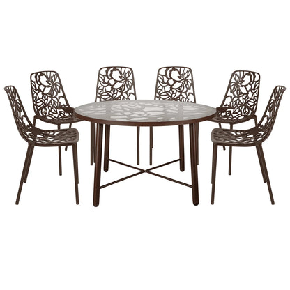 Devon 7-Piece Outdoor Dining Set: Aluminum Table with Glass Top & 6 Stackable Flower Chairs - Elax Furniture