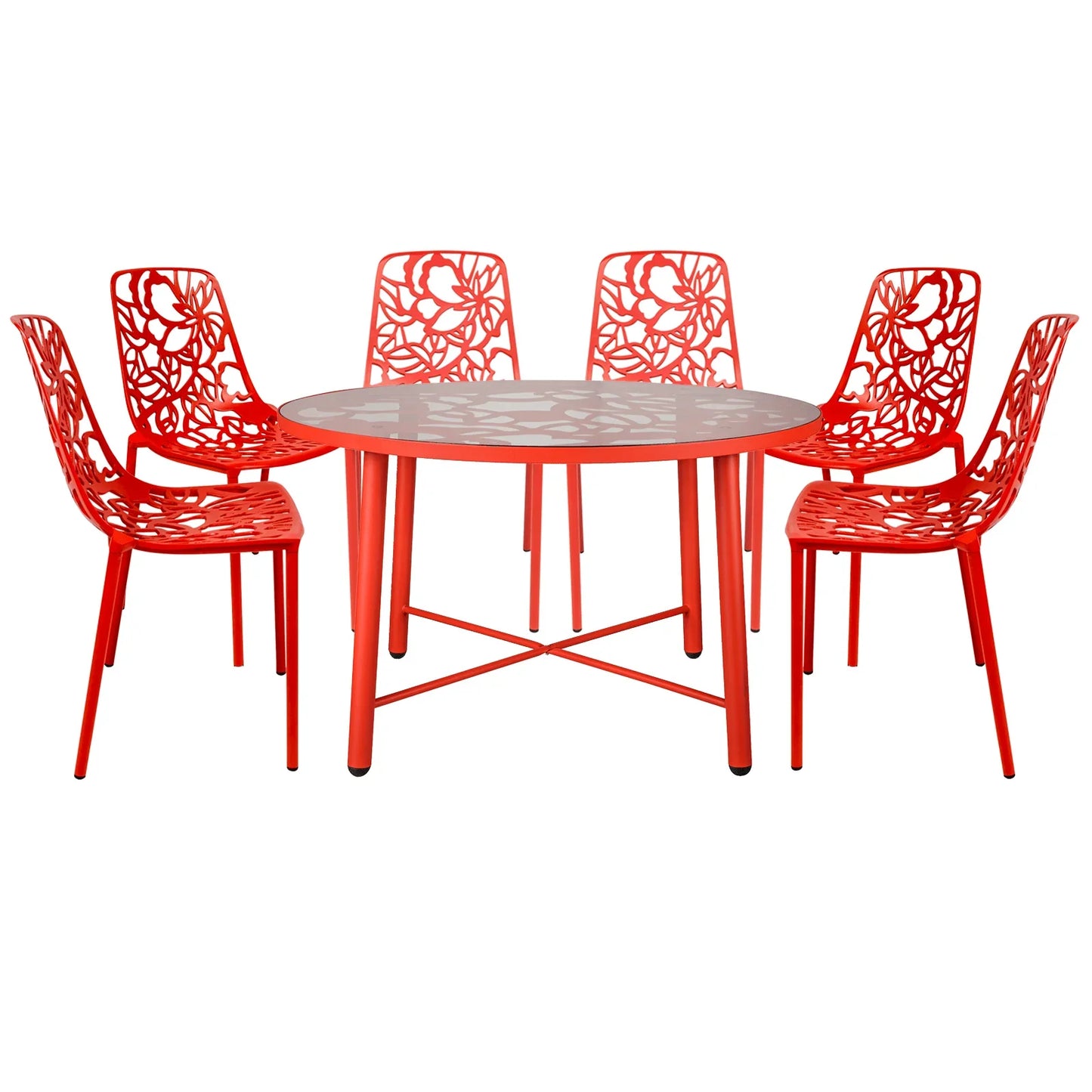 Devon 7-Piece Outdoor Dining Set: Aluminum Table with Glass Top & 6 Stackable Flower Chairs - Elax Furniture