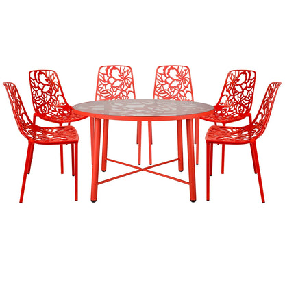 Devon 7-Piece Outdoor Dining Set: Aluminum Table with Glass Top & 6 Stackable Flower Chairs - Elax Furniture