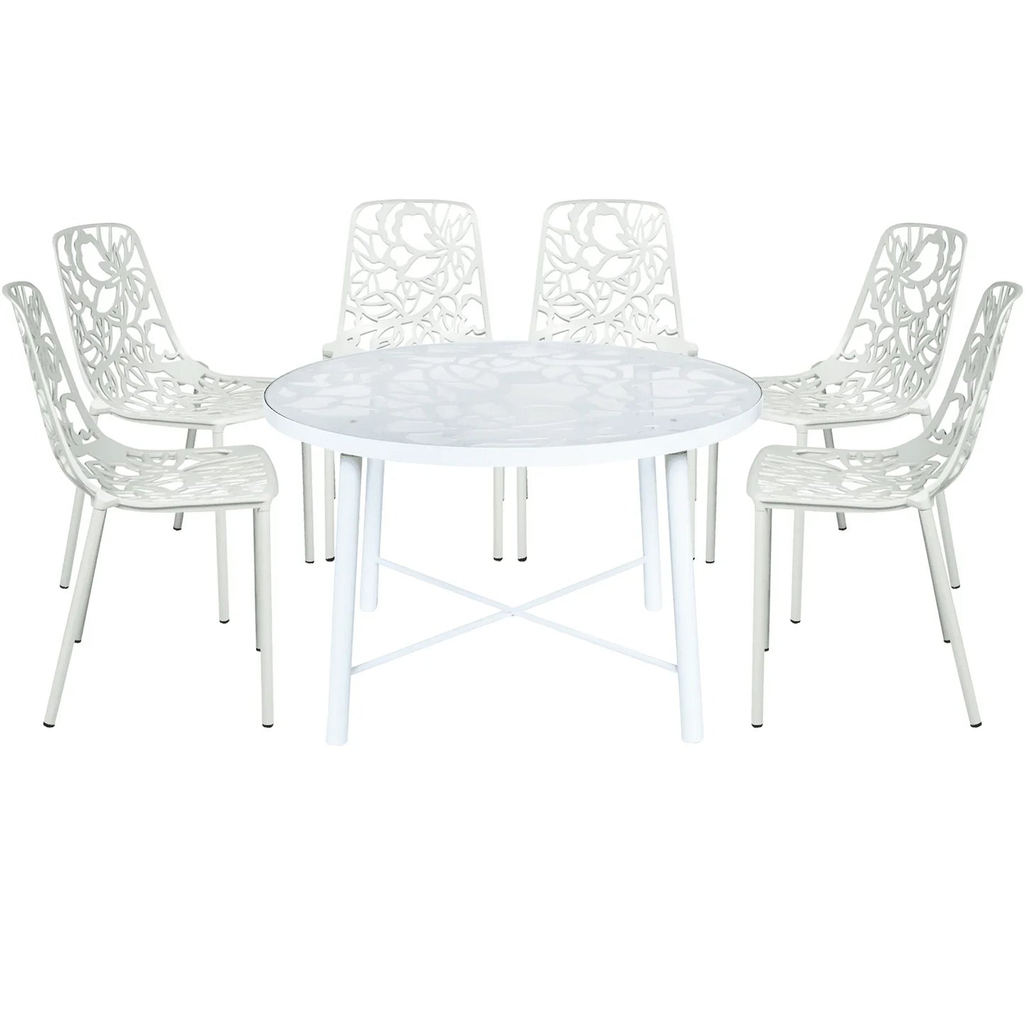 Devon 7-Piece Outdoor Dining Set: Aluminum Table with Glass Top & 6 Stackable Flower Chairs - Elax Furniture
