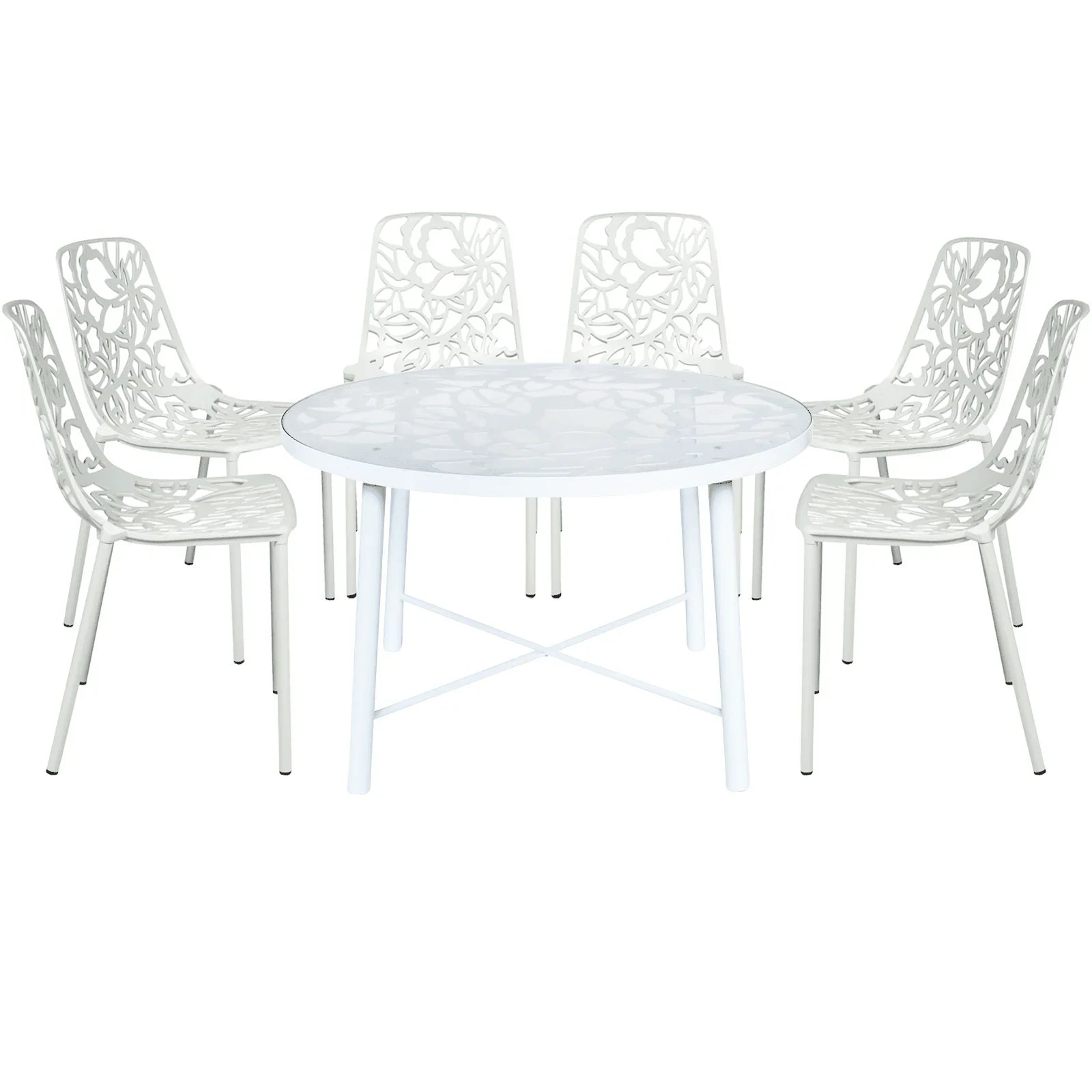 Devon 7-Piece Outdoor Dining Set: Aluminum Table with Glass Top & 6 Stackable Flower Chairs - Elax Furniture