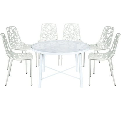 Devon 7-Piece Outdoor Dining Set: Aluminum Table with Glass Top & 6 Stackable Flower Chairs - Elax Furniture