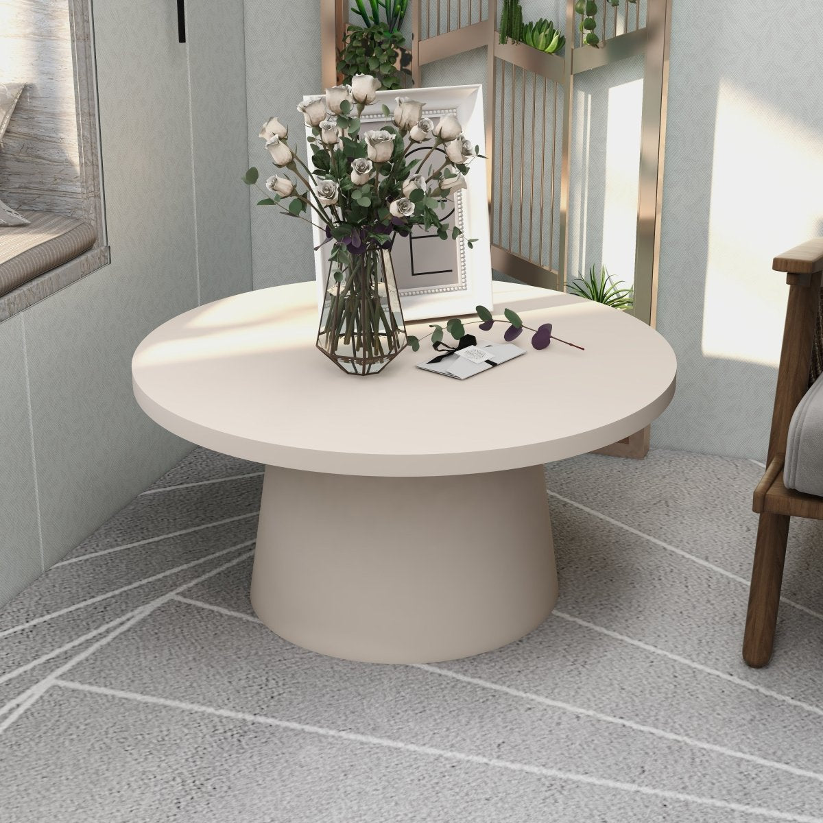 Dune Round 32" Wide Coffee Table in Fiberstone with a Pedestal Base Grey Coffee Table LeisureMod