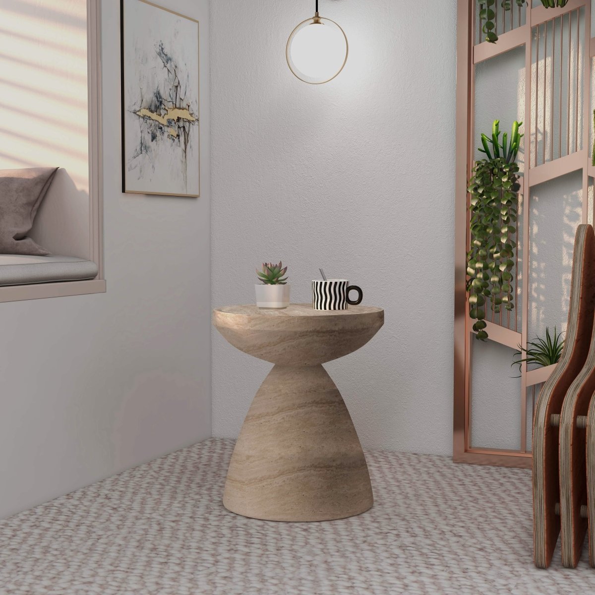 Dune Side Table Fiberstone Round Accent Table and Hourglass Pedestal Base Travertine Side Table LeisureMod