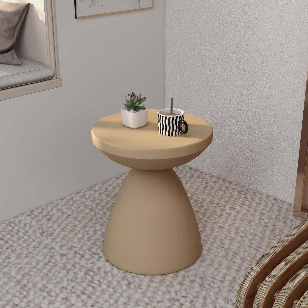 Dune Side Table Fiberstone Round Accent Table and Hourglass Pedestal Base Beige Side Table LeisureMod