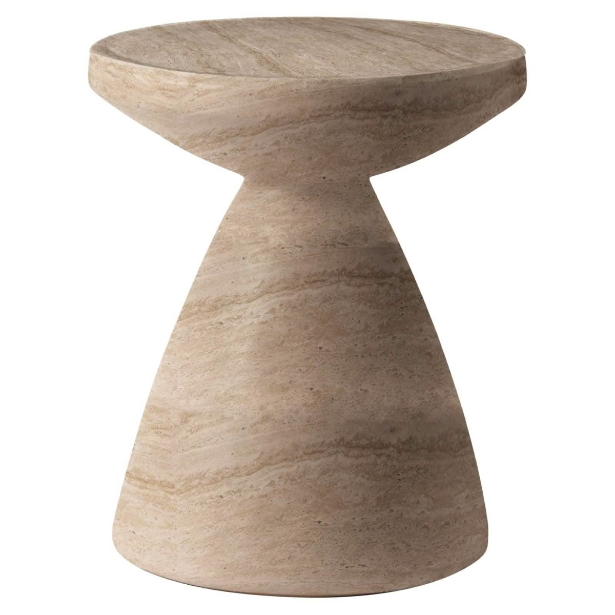Dune Side Table Fiberstone Round Accent Table and Hourglass Pedestal Base Travertine Side Table LeisureMod
