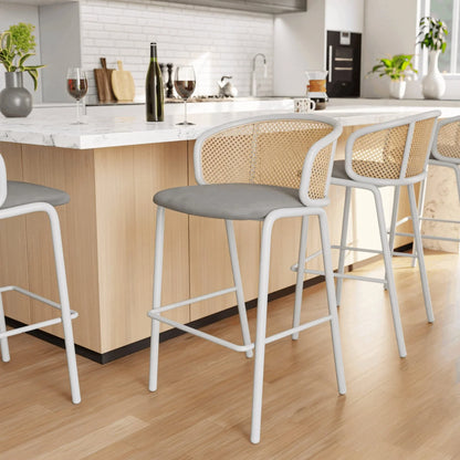 Ervilla Modern Wicker Bar Stool with Fabric Seat and White Powder Coated Steel Frame, Set of 2 - Elax Furniture