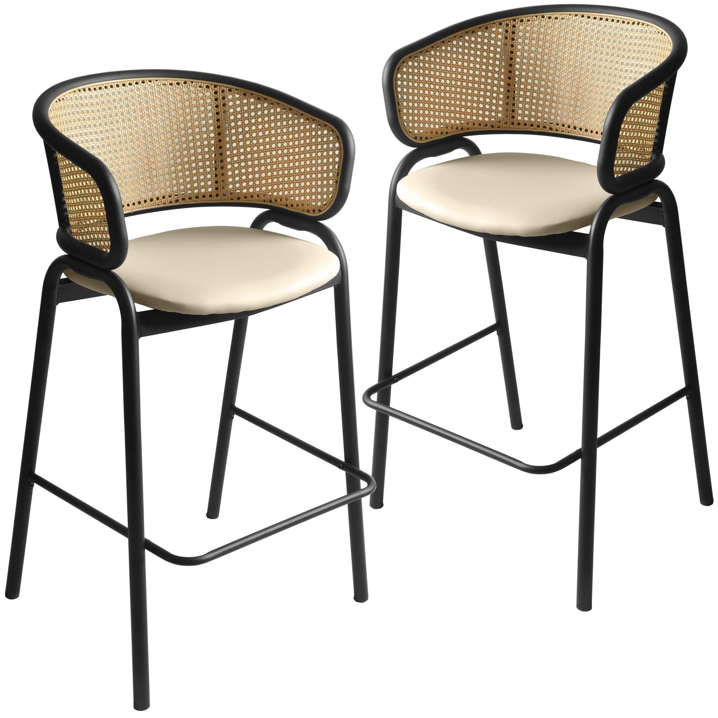 Ervilla Leather Bar Stool with Powder-Coated Stainless Steel Base and Curved Wicker Back Design - Elax Furniture