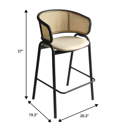 Ervilla Leather Bar Stool with Powder-Coated Stainless Steel Base and Curved Wicker Back Design - Elax Furniture