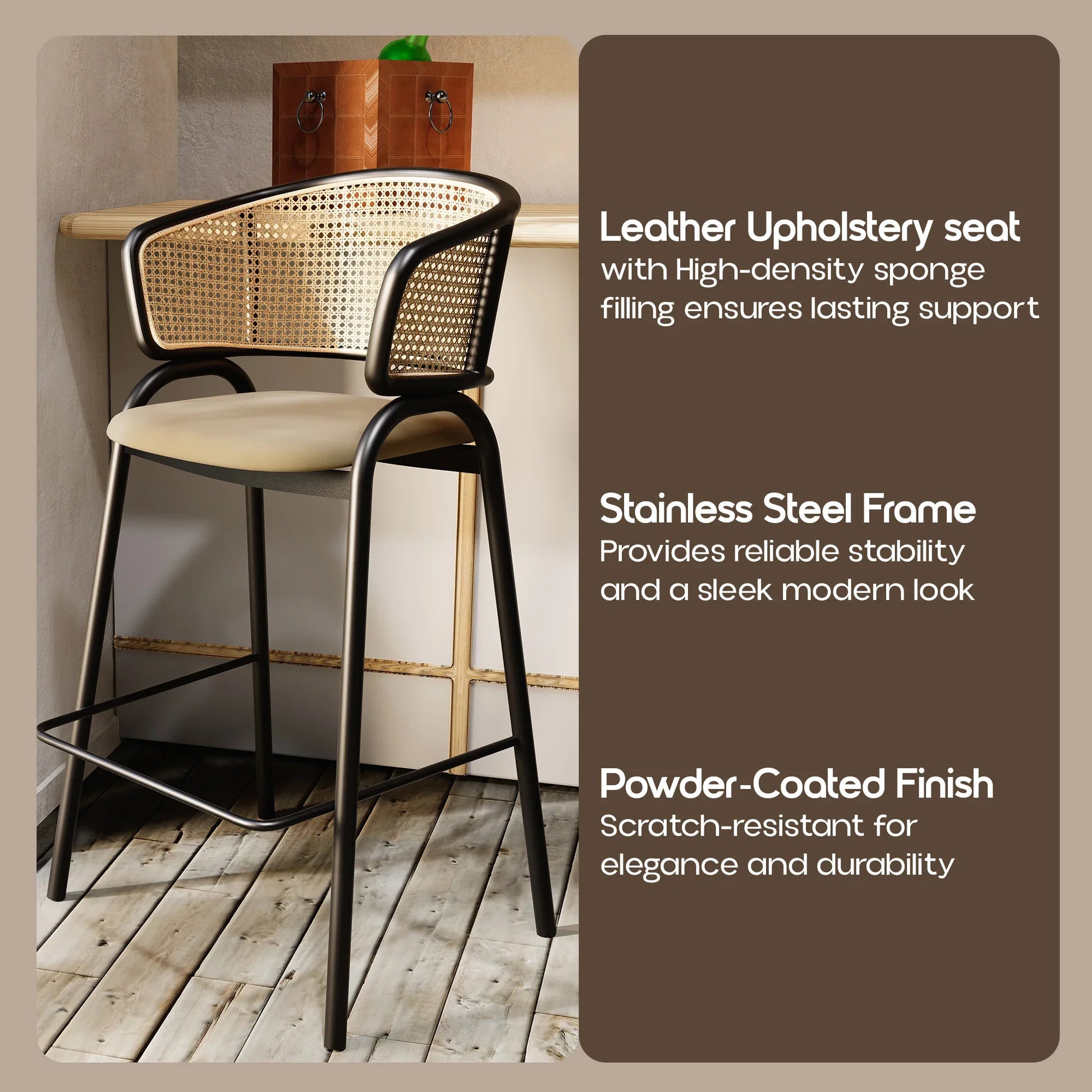 Ervilla Leather Bar Stool with Powder-Coated Stainless Steel Base and Curved Wicker Back Design - Elax Furniture