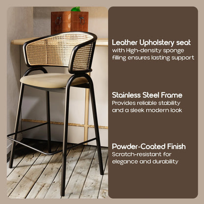 Ervilla Leather Bar Stool with Powder-Coated Stainless Steel Base and Curved Wicker Back Design - Elax Furniture