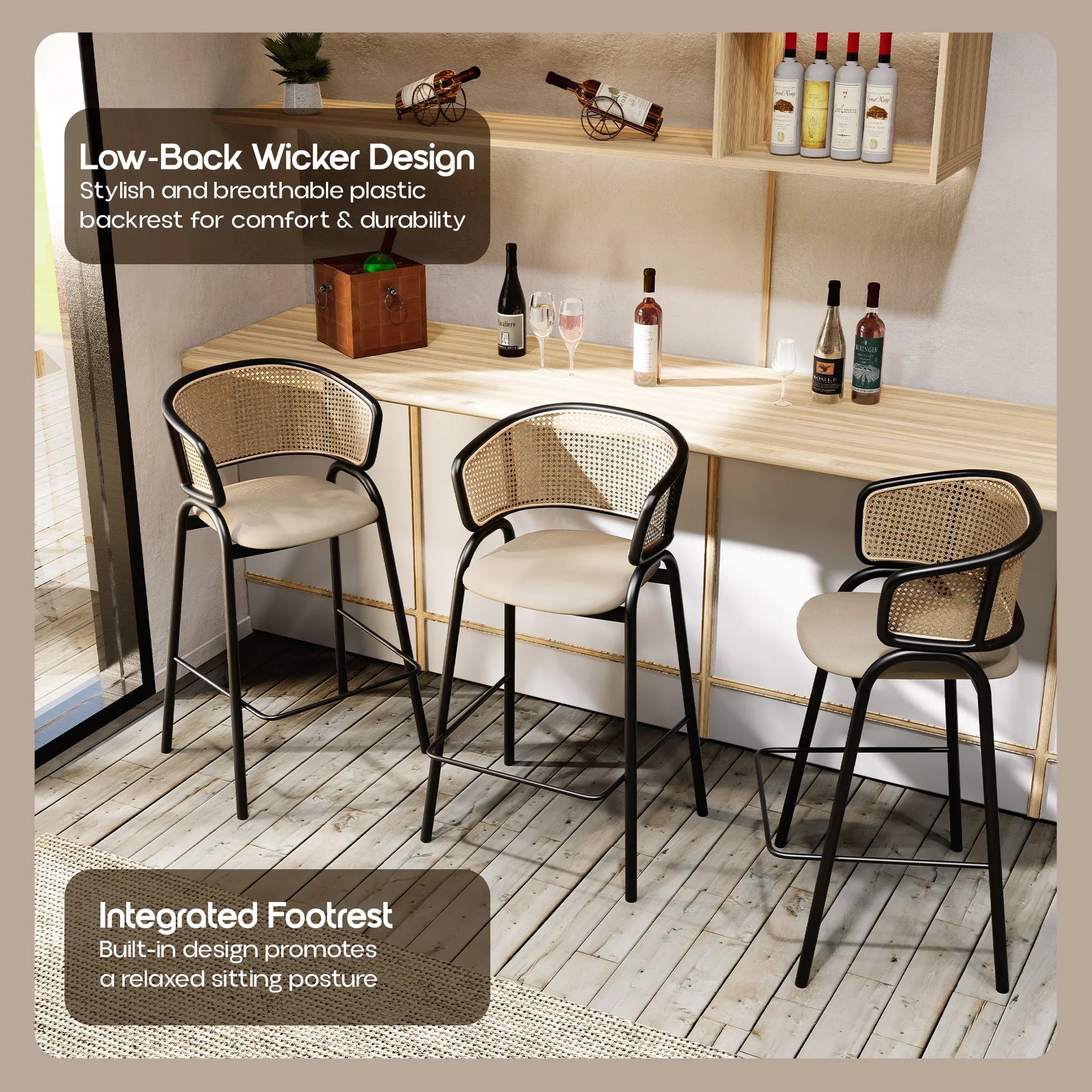Ervilla Leather Bar Stool with Powder-Coated Stainless Steel Base and Curved Wicker Back Design - Elax Furniture