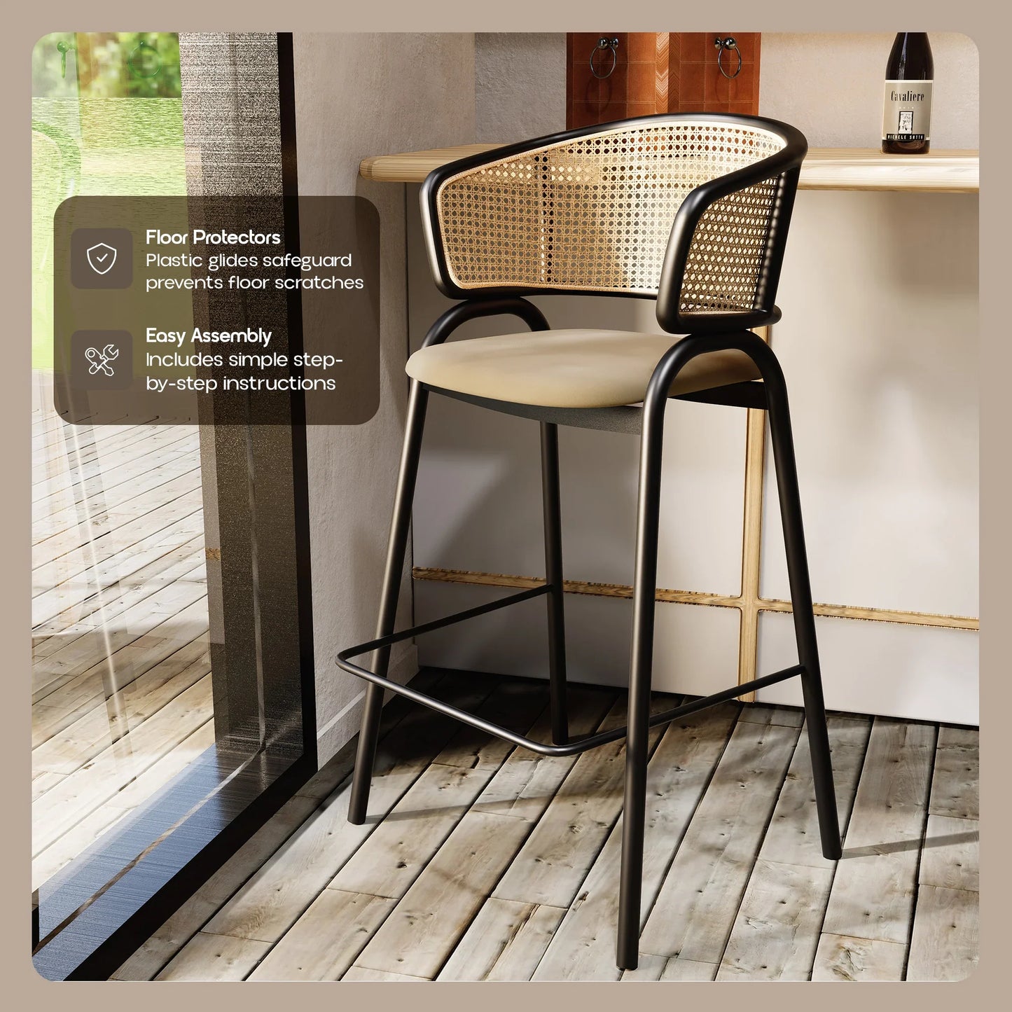 Ervilla Leather Bar Stool with Powder-Coated Stainless Steel Base and Curved Wicker Back Design - Elax Furniture