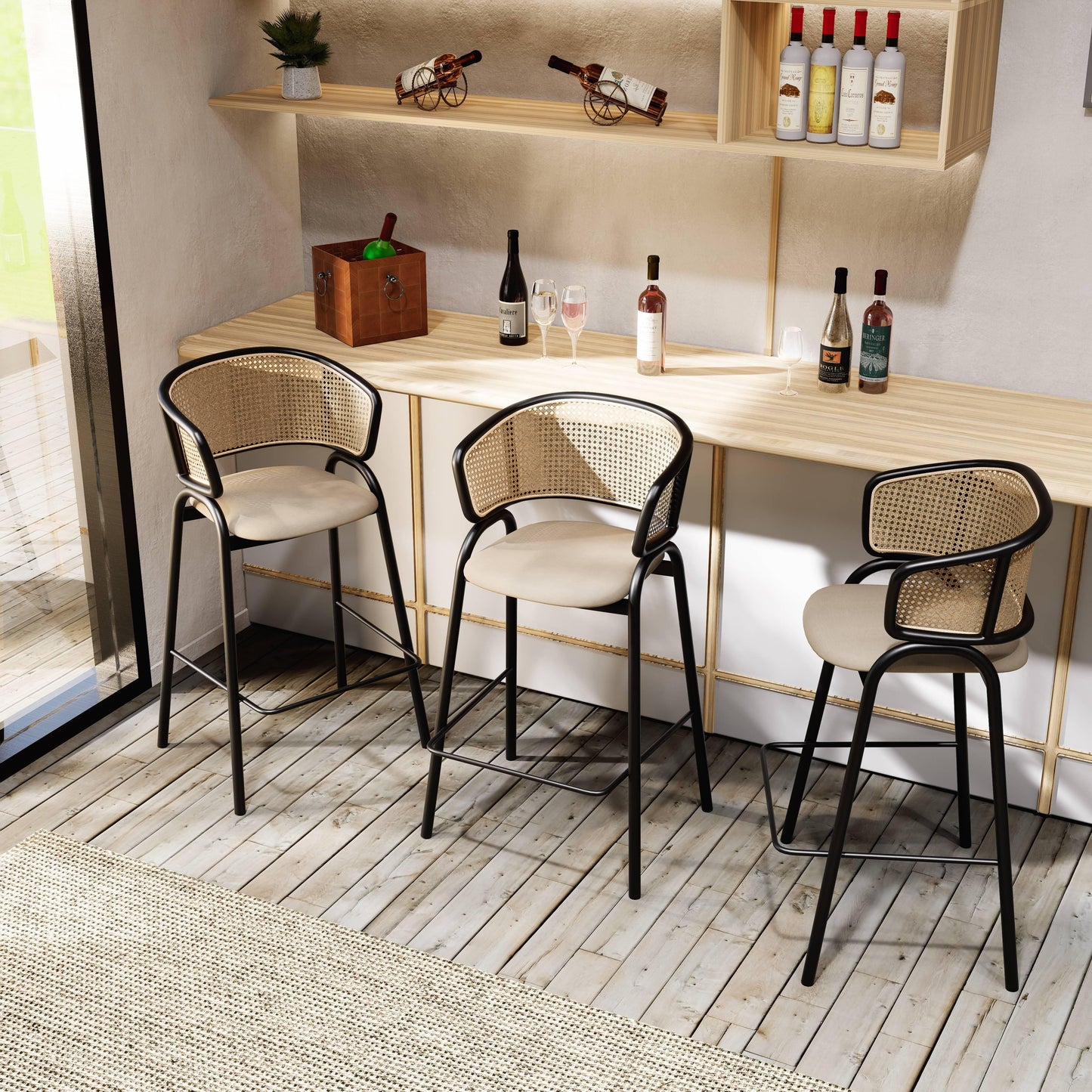 Ervilla Leather Bar Stool with Powder-Coated Stainless Steel Base and Curved Wicker Back Design - Elax Furniture