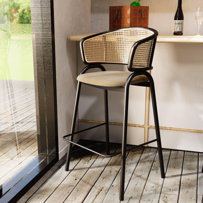 Ervilla Leather Bar Stool with Powder-Coated Stainless Steel Base and Curved Wicker Back Design - Elax Furniture