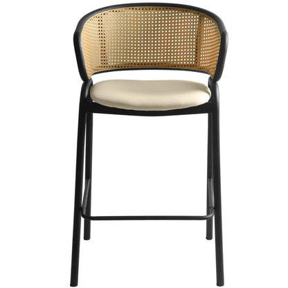 Ervilla Leather Bar Stool with Powder-Coated Stainless Steel Base and Curved Wicker Back Design - Elax Furniture