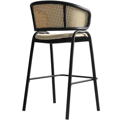 Ervilla Leather Bar Stool with Powder-Coated Stainless Steel Base and Curved Wicker Back Design - Elax Furniture