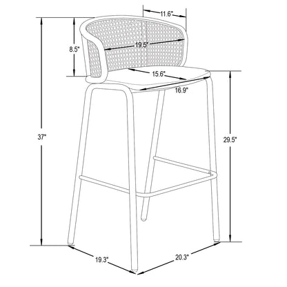 Ervilla Modern Wicker Bar Stool with Fabric Seat and White Powder Coated Steel Frame, Set of 2 - Elax Furniture