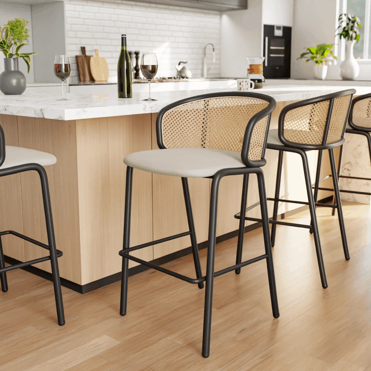 Ervilla Mid-Century Modern Wicker Bar Stool with Fabric Seat and Black Powder Coated Steel Frame - Elax Furniture