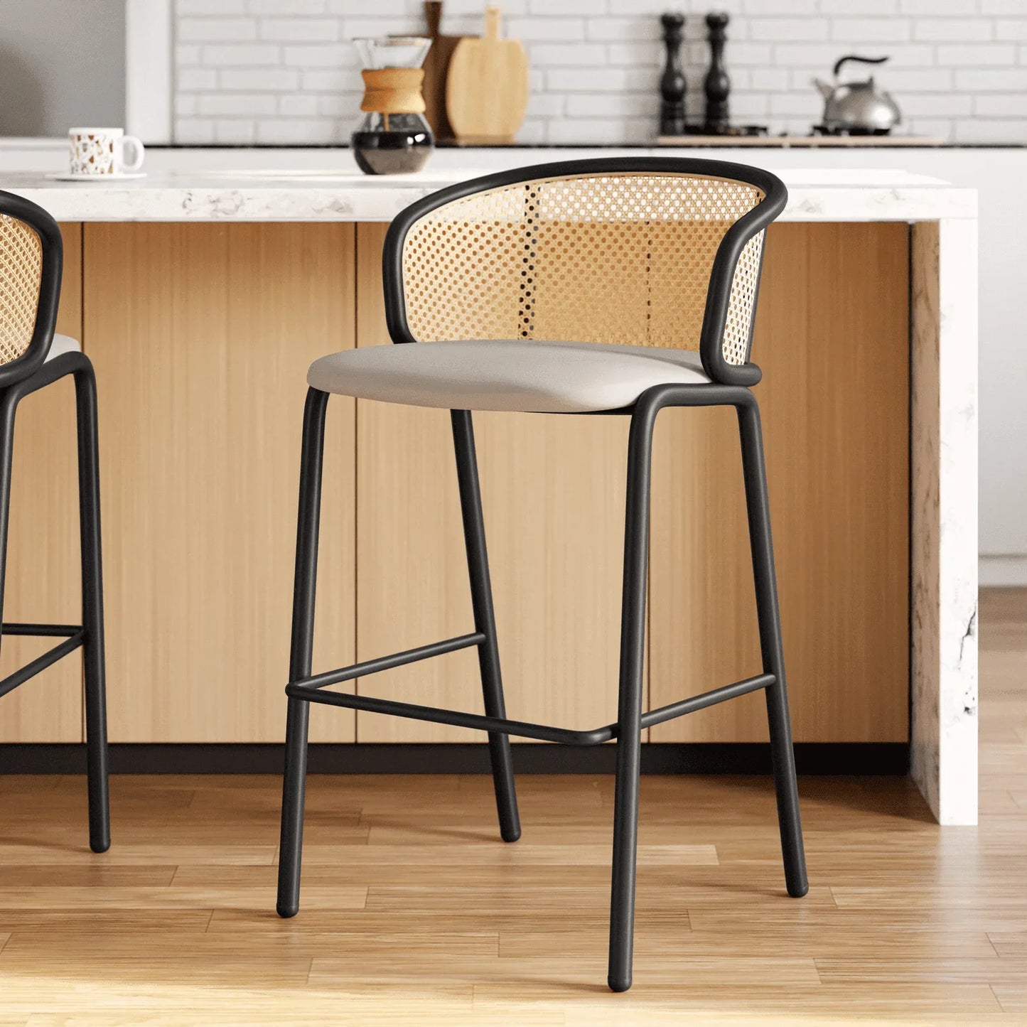 Ervilla Mid-Century Modern Wicker Bar Stool with Fabric Seat and Black Powder Coated Steel Frame - Elax Furniture