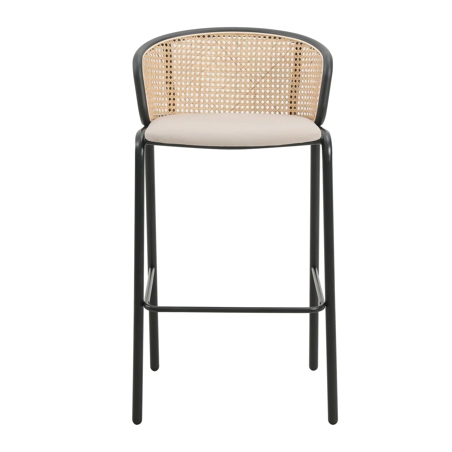 Ervilla Mid-Century Modern Wicker Bar Stool with Fabric Seat and Black Powder Coated Steel Frame - Elax Furniture
