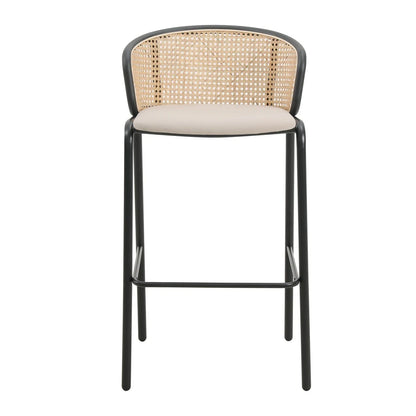 Ervilla Mid-Century Modern Wicker Bar Stool with Fabric Seat and Black Powder Coated Steel Frame - Elax Furniture