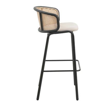 Ervilla Mid-Century Modern Wicker Bar Stool with Fabric Seat and Black Powder Coated Steel Frame - Elax Furniture