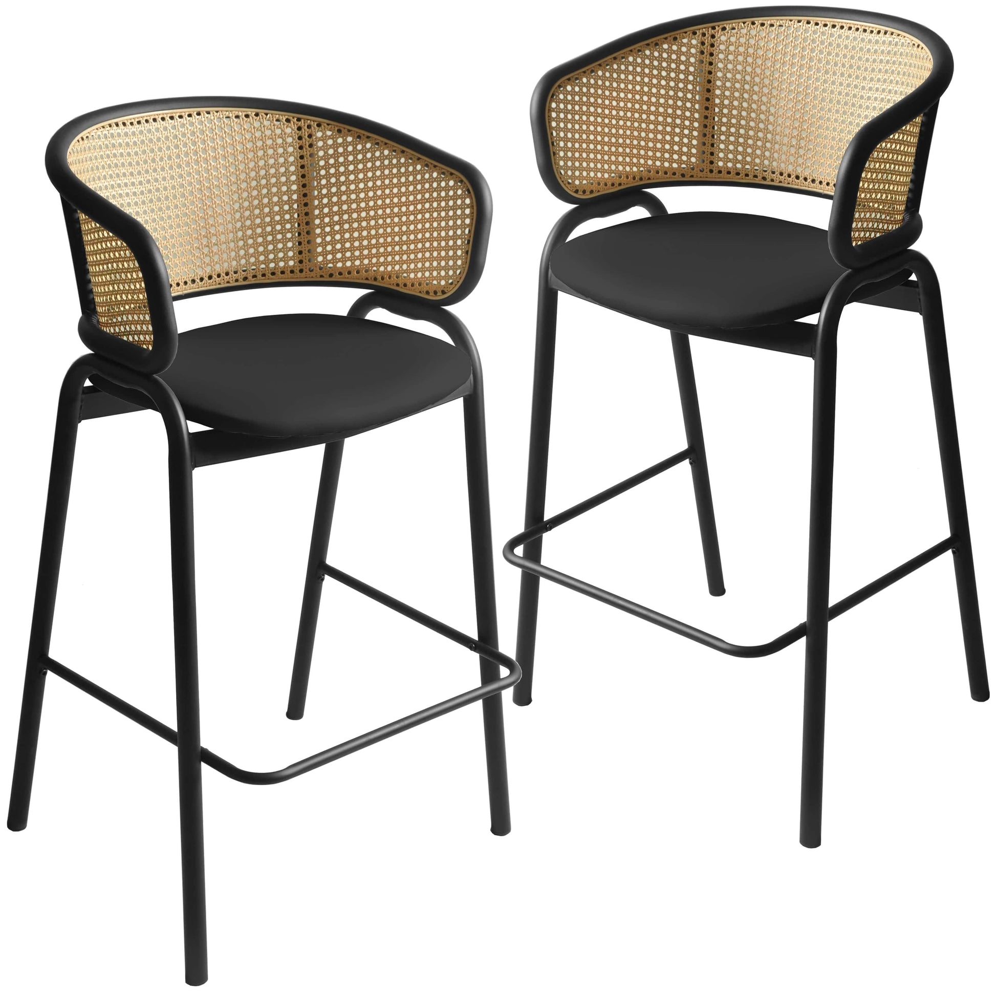 Ervilla Leather Bar Stool with Powder-Coated Stainless Steel Base and Curved Wicker Back Design - Elax Furniture
