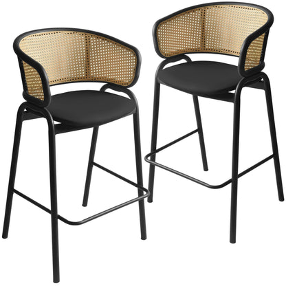Ervilla Leather Bar Stool with Powder-Coated Stainless Steel Base and Curved Wicker Back Design - Elax Furniture