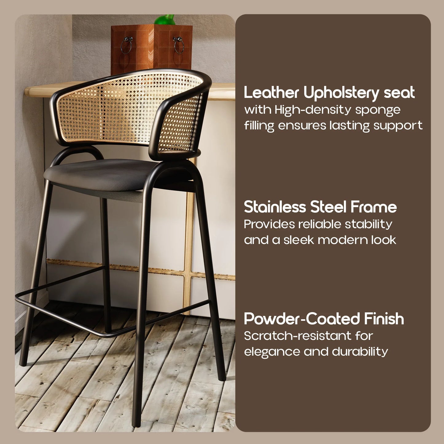 Ervilla Leather Bar Stool with Powder-Coated Stainless Steel Base and Curved Wicker Back Design - Elax Furniture