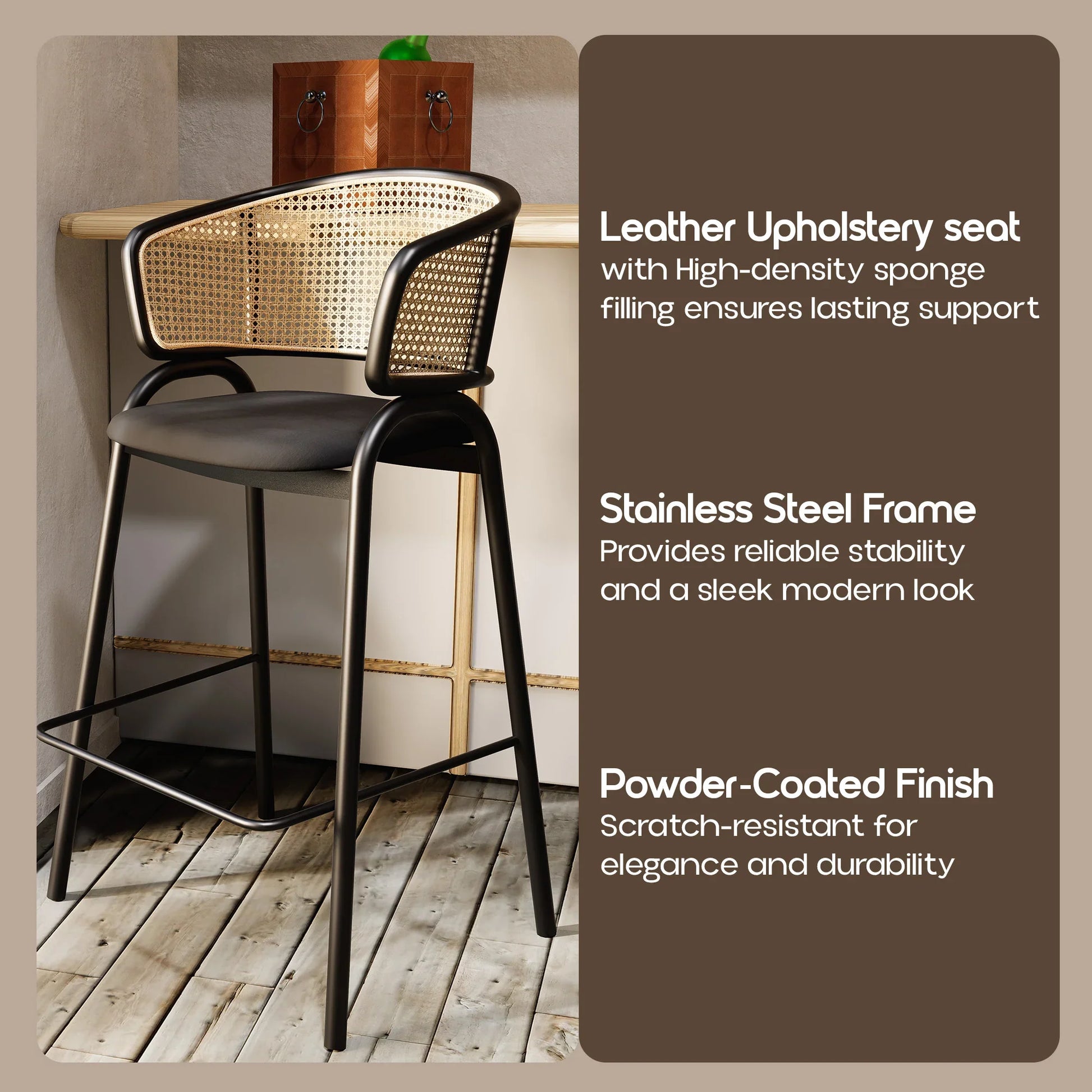 Ervilla Leather Bar Stool with Powder-Coated Stainless Steel Base and Curved Wicker Back Design - Elax Furniture