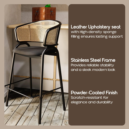 Ervilla Leather Bar Stool with Powder-Coated Stainless Steel Base and Curved Wicker Back Design - Elax Furniture