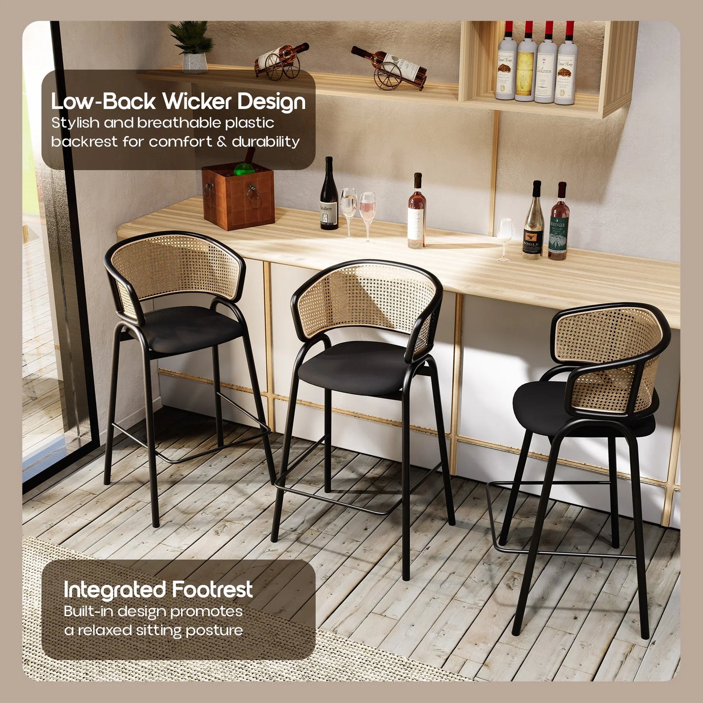 Ervilla Leather Bar Stool with Powder-Coated Stainless Steel Base and Curved Wicker Back Design - Elax Furniture
